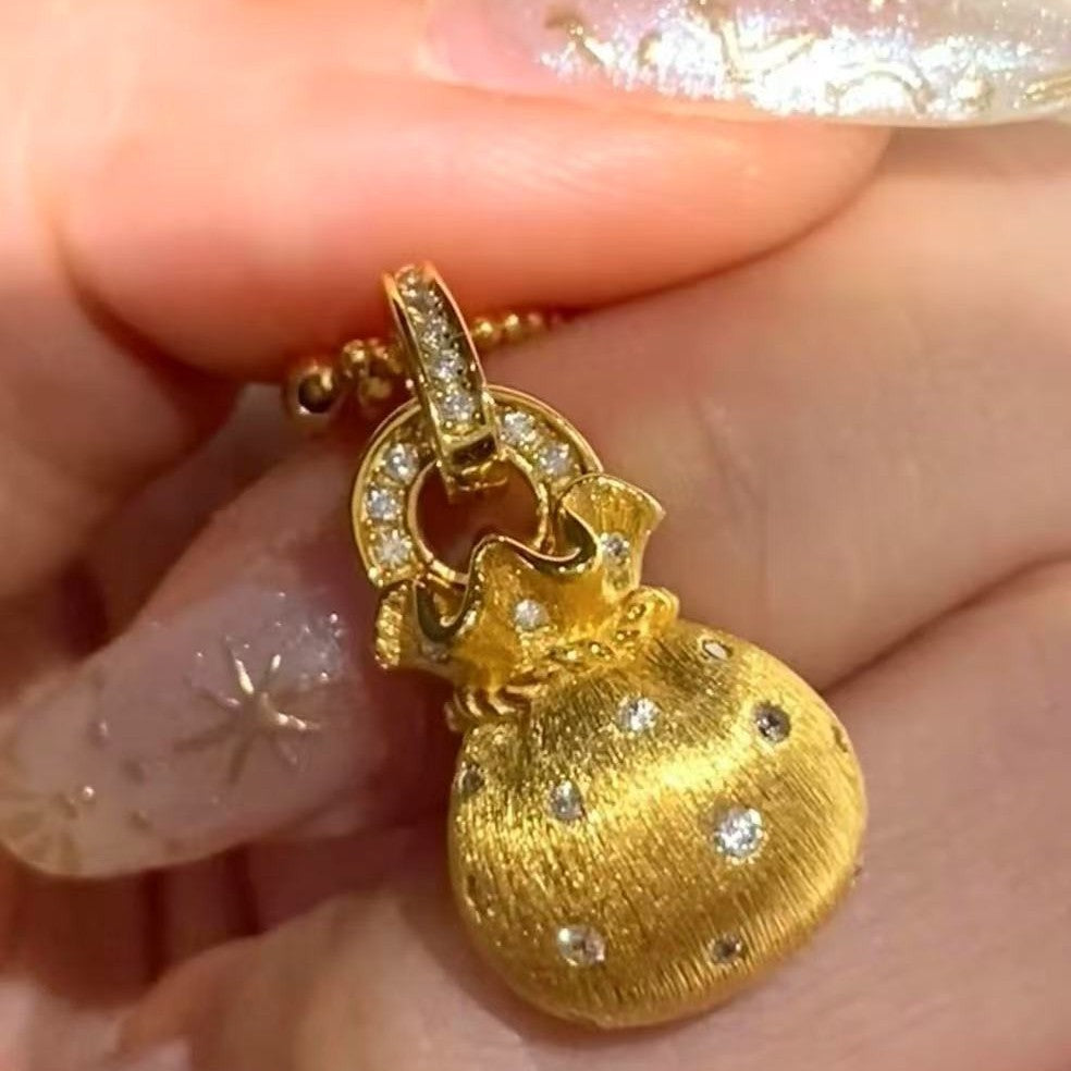 S925 Sterling Silver Brushed Pointed Diamond Lucky Bag Pendant Necklace New Chinese Style Light Luxury Exquisite Elegant High-end Collarbone Chain