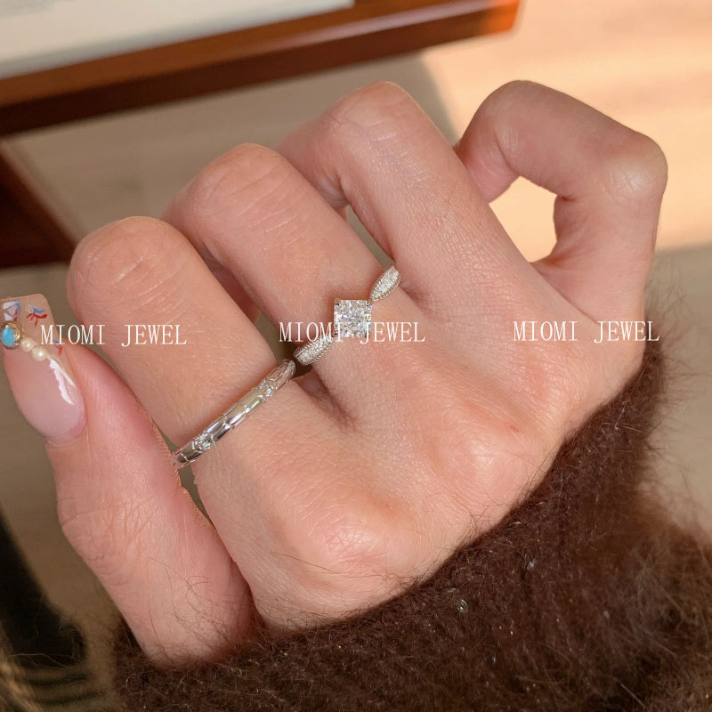 S925 Sterling Silver Sweet Princess Sugar Cube Square Diamond Brushed Diamond Ring Exquisite Niche Light Luxury High-end Small Square Diamond Ring