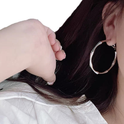 Korean Version Pure Silver 925 Large Hoop Earrings Bamboo Knot Dongdaemun Trendy Design Internet Celebrity Same Style Pure Silver Earrings Big Brand Elegant