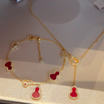 Pure Silver S925 Natural Red Agate Double-Sided Wearable Bracelet Necklace Set Light Luxury Exquisite High-End Feel Whitening Accessories