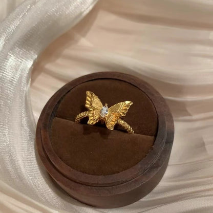 Italian Vintage Brushed Light Luxury High-End Plant Series 925 Sterling Silver Brushed Craft Butterfly Ring