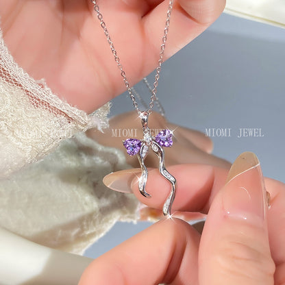 S925 Sterling Silver Ribbon Bow Necklace for Women Korean Style Natural Crystal Stone Niche Topaz Pendant for Women