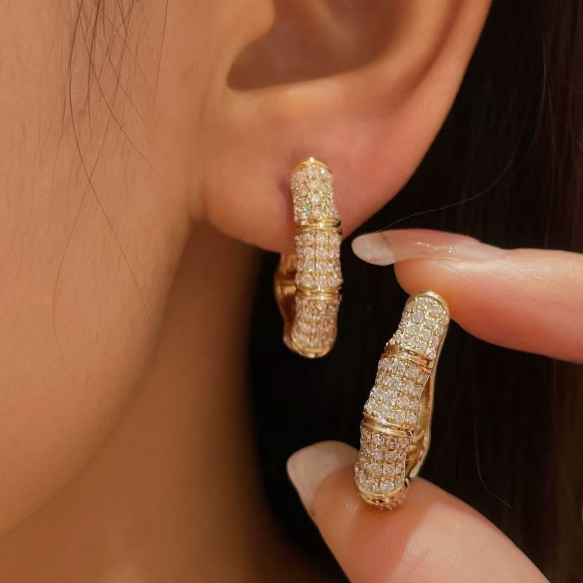Pure Silver S925 High Carbon Diamond Full Diamond Bamboo Earrings Fashionable Light Luxury Exquisite High-end Earrings