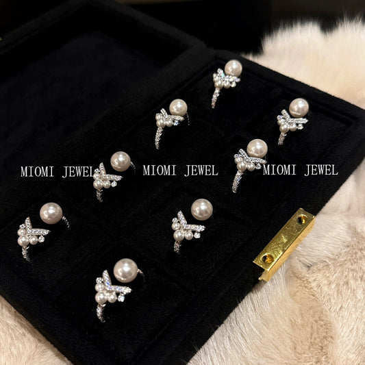 S925 Sterling Silver Micro Inlaid Zircon Pearl Fish Tail Ring Niche Design Sense V-shaped Diamond Ring Tail Ring for Women