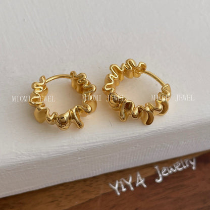 18K Real Gold Plated Irregular Metal Earrings Ear Clips Light Luxury Niche Design Sense Wrinkled Hoop Earrings Stud Earrings Jewelry