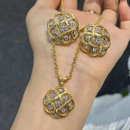 Vintage Style Brushed Rhombus Necklace Retro Light Luxury Earrings Medieval Style Hollow Carved French Style