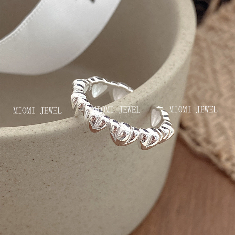 S925 Sterling Silver Three-Dimensional Heart Ring for Women Basic Versatile High-End Heavy Craft Heart-Shaped Index Finger Ring