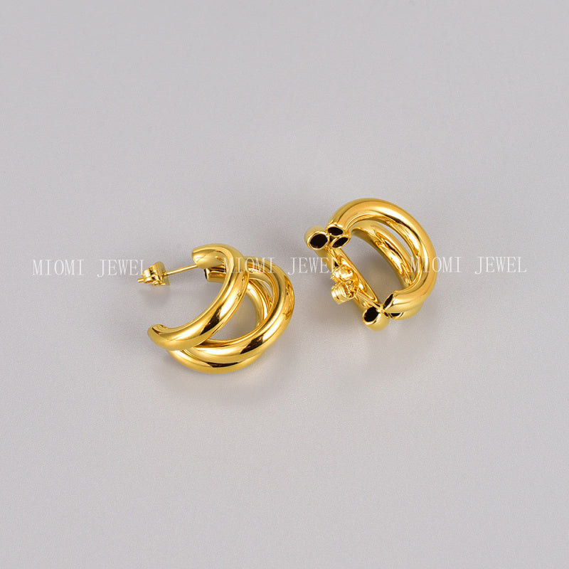 E68 Hong Kong Style Retro Three-Layer C-Shaped Hollow Round Tube Earrings Studs Wholesale Jewelry Accessories