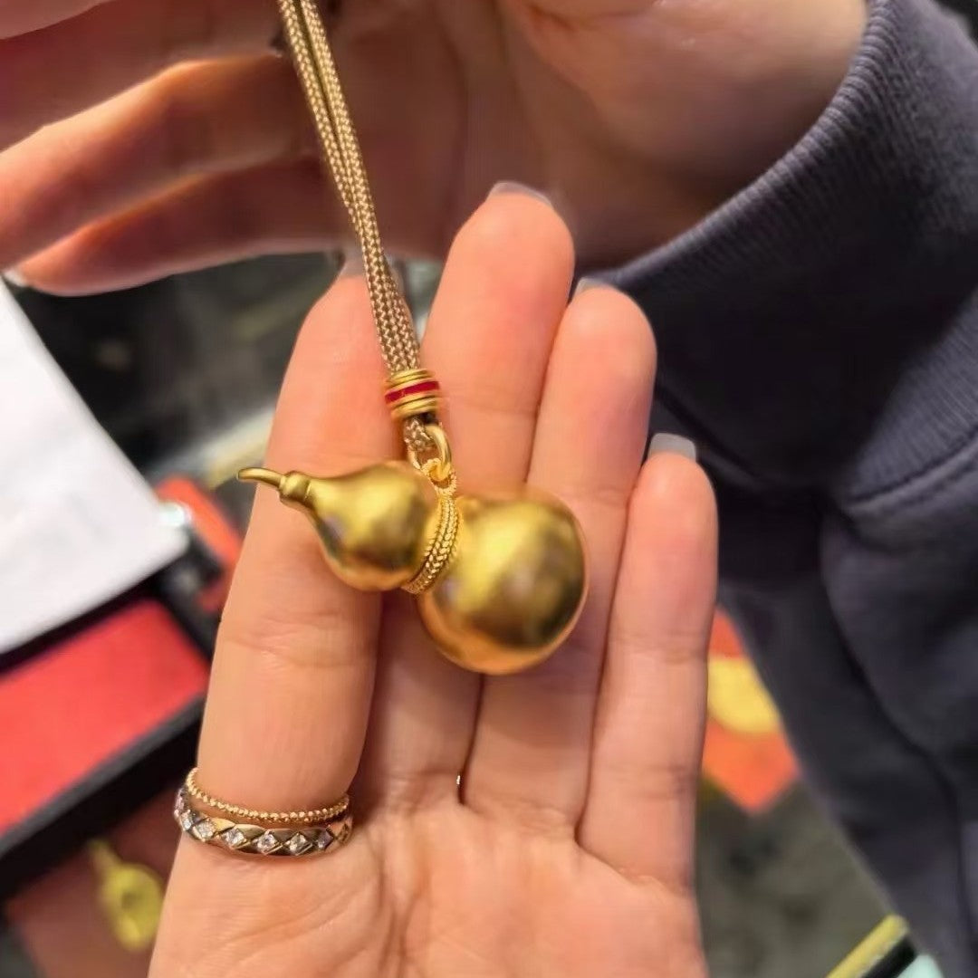Pure Silver S925 Ancient Gold Gourd Pendant Sweater Chain Fortune and Prosperity Pendant Handwoven Adjustable Sweater Chain