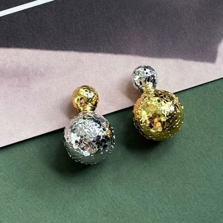 Sterling Silver S925 CNC Crushed Ice Sparkling Two-tone Round Ball Earrings Light Luxury High-end Fashion Versatile Niche Unique