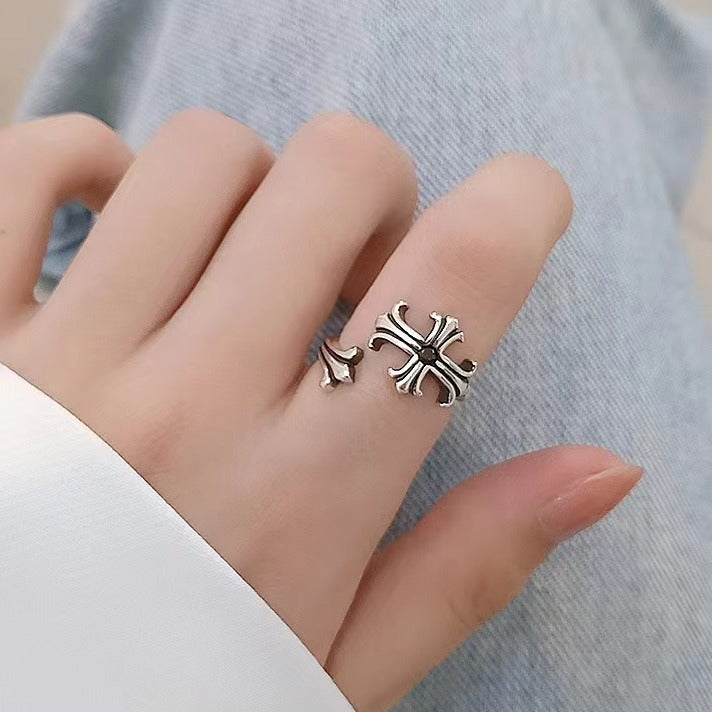 Pure Silver S925 Cross Carved Ring Japanese and Korean Trend Creative Retro Open Trendy Brand Cross Ring for Men and Women