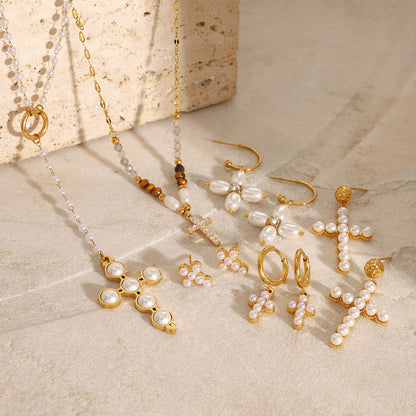 Jewelry Stainless Steel Pearl Necklace Cross Earrings High-end Ins Earrings Titanium Steel Earrings for Women