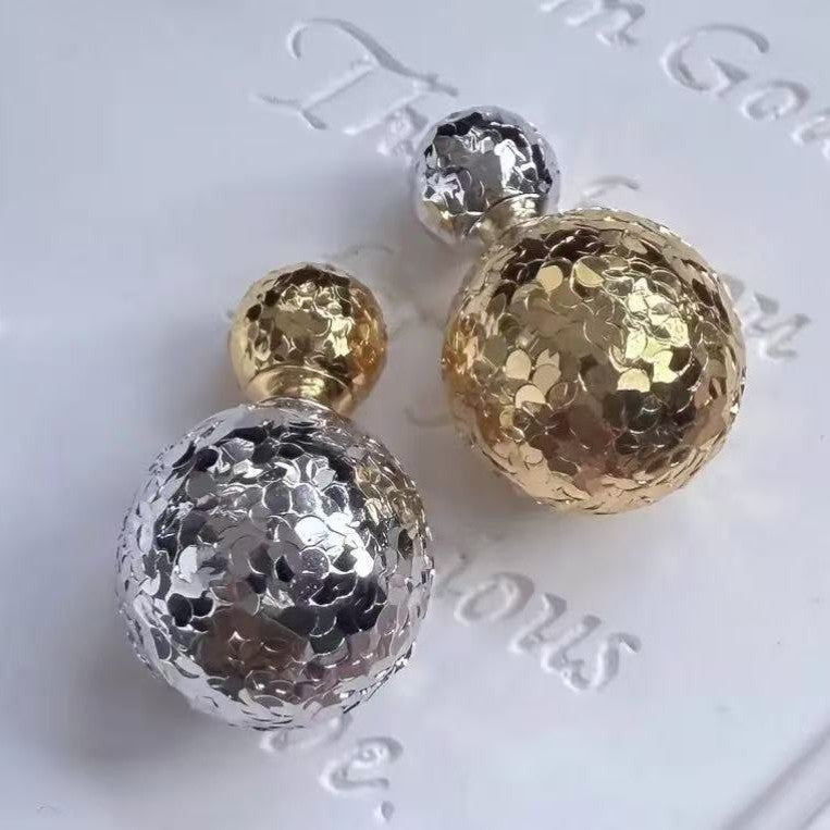 Sterling Silver S925 CNC Crushed Ice Sparkling Two-tone Round Ball Earrings Light Luxury High-end Fashion Versatile Niche Unique