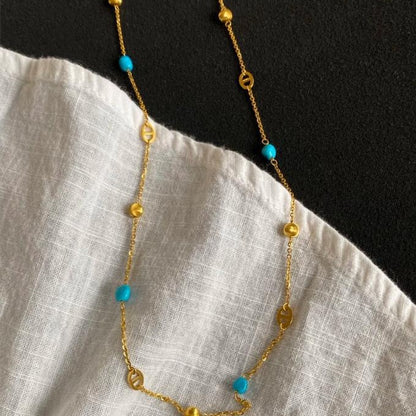 Sterling Silver S925Pig Nose Blue Turquoise Cat Eye Sweater Chain Niche Design Light Luxury High-end Layered Long Collarbone Chain