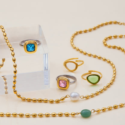 Titanium Steel Gold Bead Pearl Necklace Light Luxury Jewelry High-End Feel Stainless Steel Natural Stone Ring