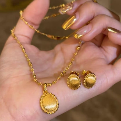 Italian Craft Vintage Style Brushed Wheat Spike Gold Egg Necklace and Earring Set