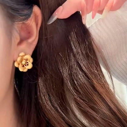 Pure Silver S925 Brushed Craft Camellia Earrings Light Luxury High-end Exquisite Unique Design Vintage Earrings