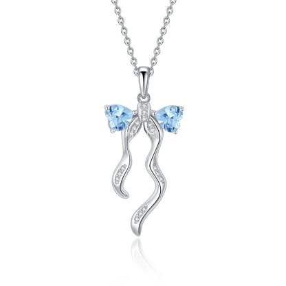 S925 Sterling Silver Ribbon Bow Necklace for Women Korean Style Natural Crystal Stone Niche Topaz Pendant for Women