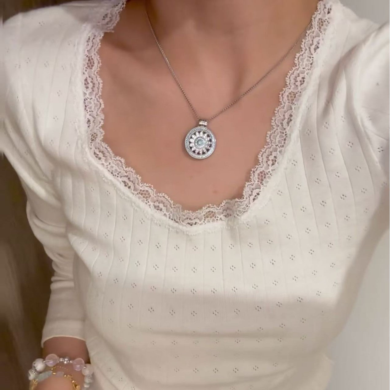 Pure Silver S925 Italian Craft Brushed Mint Green Reversible Compass Necklace Compass Exquisite Light Luxury High-end