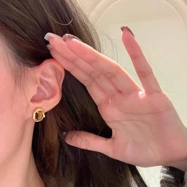 Vintage Style Brushed Craft Tiger Eye Stone Earrings Exquisite Versatile Fashionable Elegant Earrings Light Luxury High-end Feel