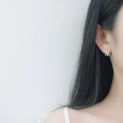 Korean Style S925Sterling Silver Five-Pointed Star Earrings Ear Clips for Women Vintage Distressed Fashion Simple Star