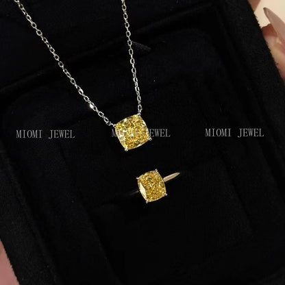 S925 Sterling Silver Lucky Yellow Diamond Ring Necklace Cushion Cut High Carbon Diamond High-end Ice Flower Cut Diamond Ring Collarbone Chain