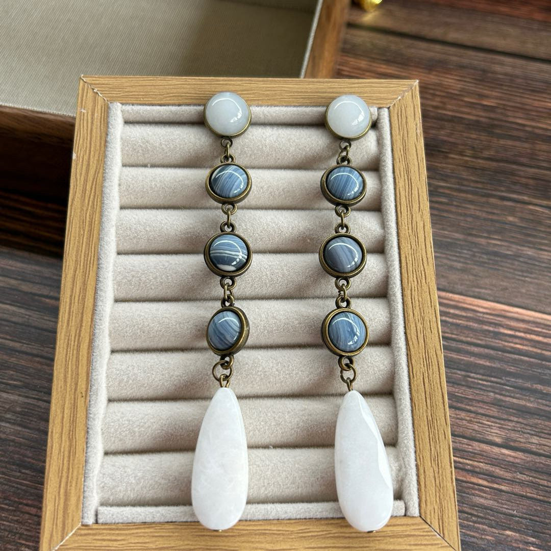 Vintage Multi-layer Natural Stone Original Design Retro Blue Vein Stone Double-sided Bead Necklace and Earring Set