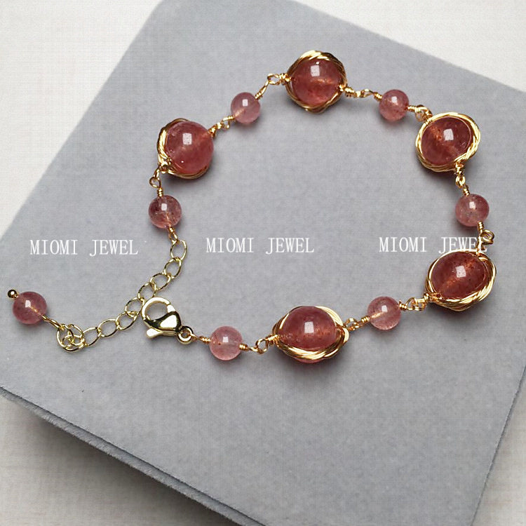 Strawberry Crystal Bracelet Pigeon Blood Red Strawberry Crystal 14K Wire Wrapped Braided Bracelet Color Retention Women Crystal Gift