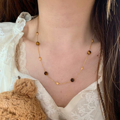 Sterling Silver S925 Brushed Craft Natural Tiger Eye Necklace New High-end Light Luxury Niche Temperament Layered Choker