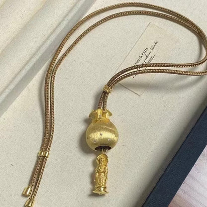 Pure Silver S925 Brown Rope Brushed Craft Large Lucky Bag with Heaven and Earth God of Wealth Sweater Chain