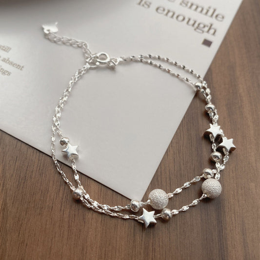 S925Sterling Silver Star Matte Small Ball Double Layer Bracelet for Women, Light Luxury Niche High-end Feel, Best Friend Bracelet, Hong Kong Style Jewelry