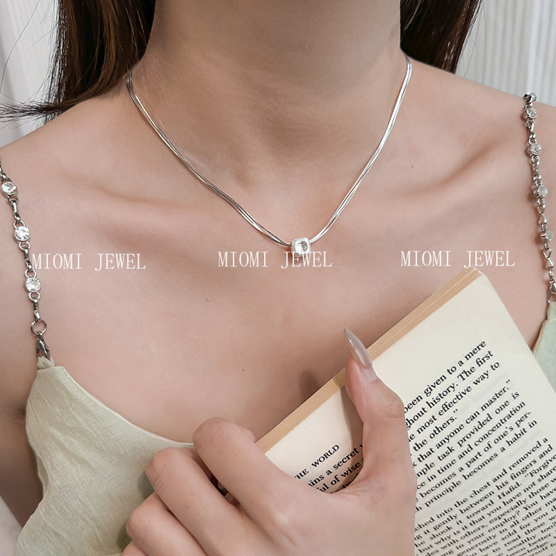 S925 Sterling Silver Multi-layer Brushed Square Snake Bone Necklace Niche High-end Clavicle Chain Elegant Minimalist Sweater Chain