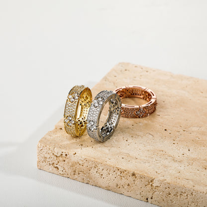 INS Trendy Unisex Micro Pave Starry Sky Zircon Ring Four-Leaf Clover Personality Hip-Hop Jewelry