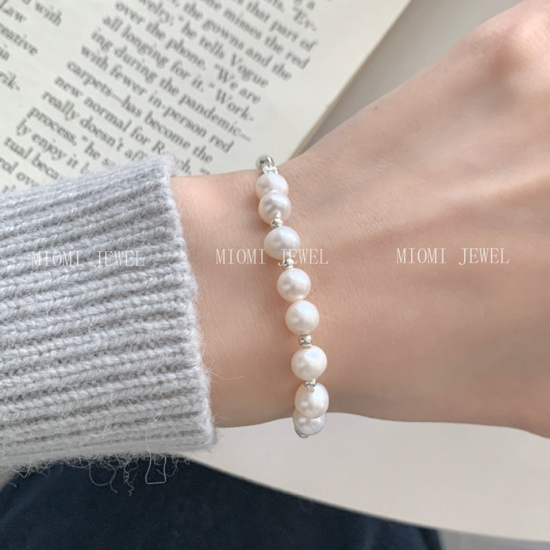 S925 Sterling Silver Natural Freshwater Pearl Half Bracelet Bangle Niche Light Luxury High-end Design Elegant Gentle Temperament