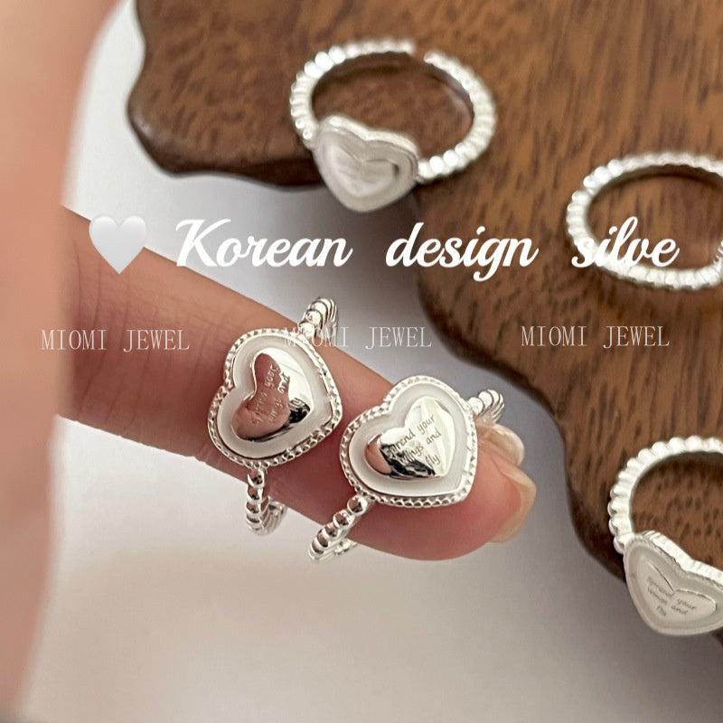Korean Style Blogger Same Style Jewelry S925 Sterling Silver Heart English Resin Ring Niche High-end Open Ring