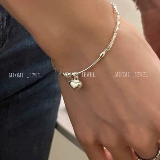 Full S990 Sterling Silver Heart Pendant Bracelet Niche Design Trendy Broken Silver Best Friend Jewelry Gift