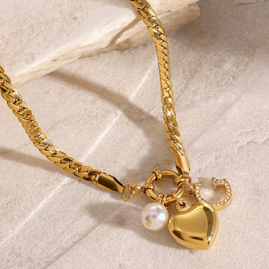 Stainless Steel Pearl Heart Pendant Necklace Zircon Letter Collarbone Chain High-End Jewelry