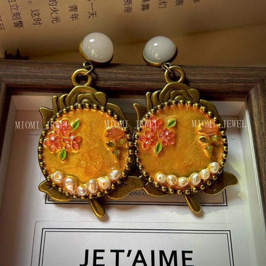 Vintage Retro Antique Jewelry Oil Painting Style Yellow Rose Exaggerated Freshwater Pearl Earrings