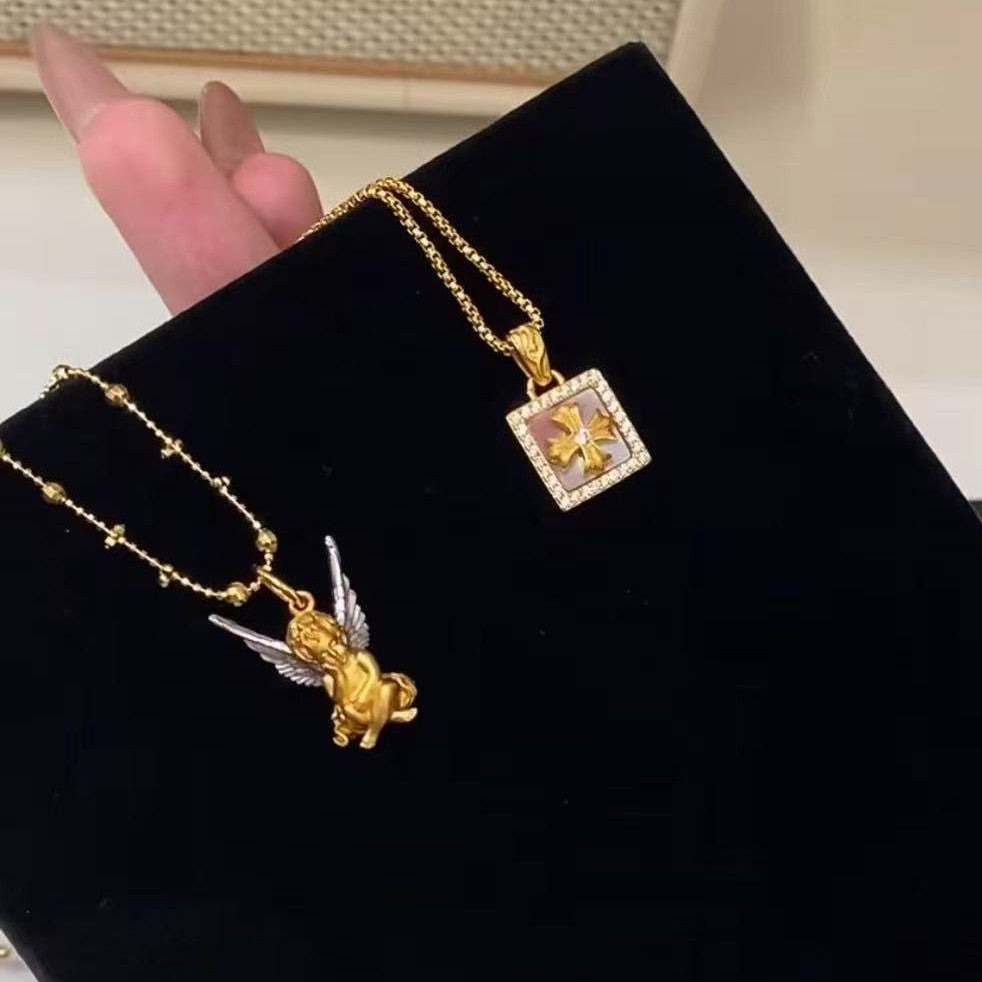 Pure Silver S925 French Ballet Little Angel Necklace Vintage Fashionable Versatile Choker Sweater Chain