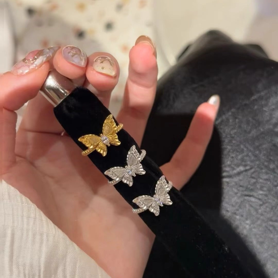 Italian Vintage Brushed Light Luxury High-End Plant Series 925 Sterling Silver Brushed Craft Butterfly Ring