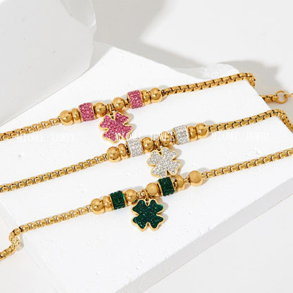 New Lucky Clover Bracelet for Women Stainless Steel Inlaid Diamond Four-Leaf Clover Bracelet Sweet Fairy Style Color-Retaining Jewelry