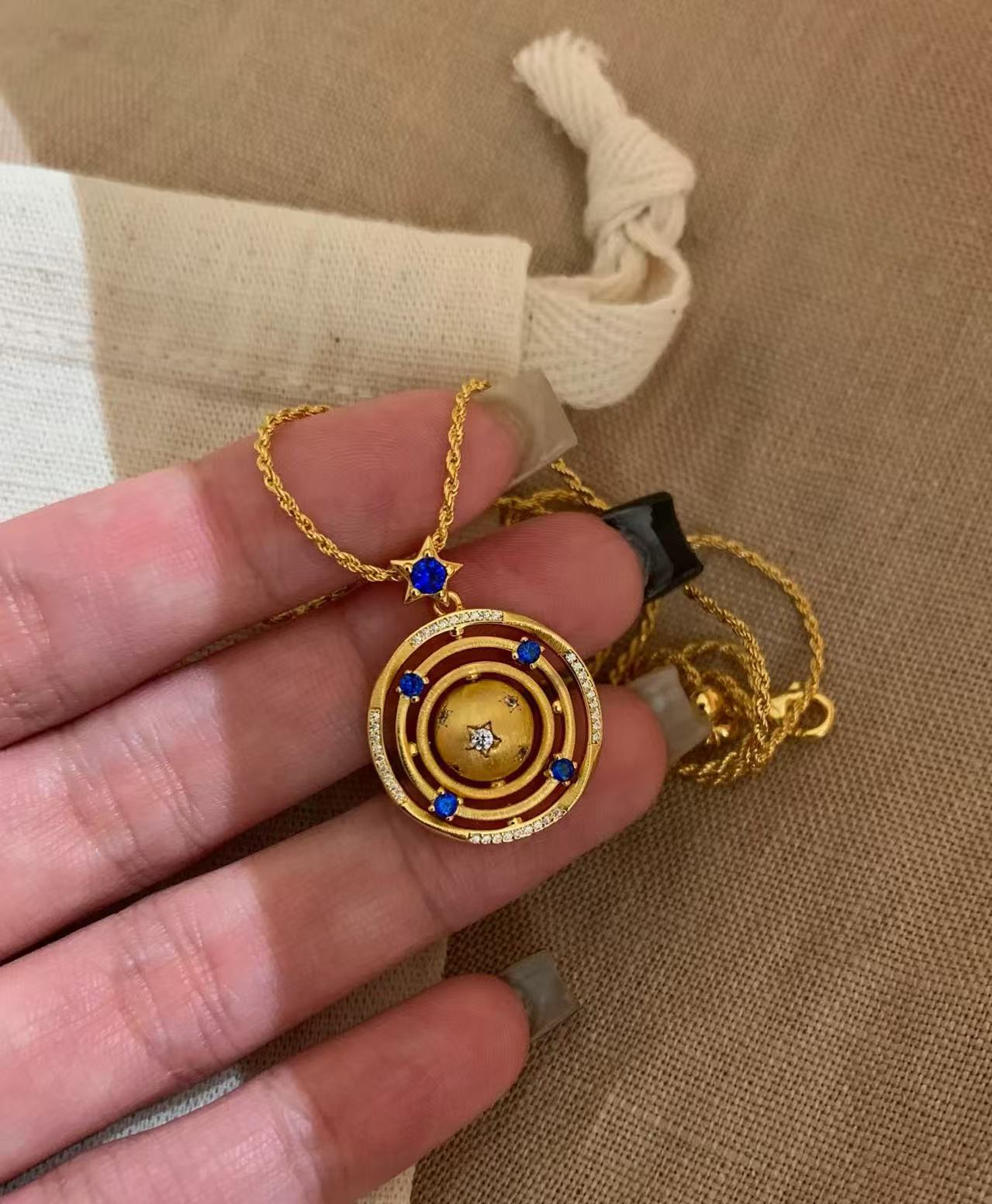 Sterling Silver S925Heavy Craft High-End Brushed Rotating Planet Necklace Niche Design Light Luxury Blue Diamond Star Collarbone Chain