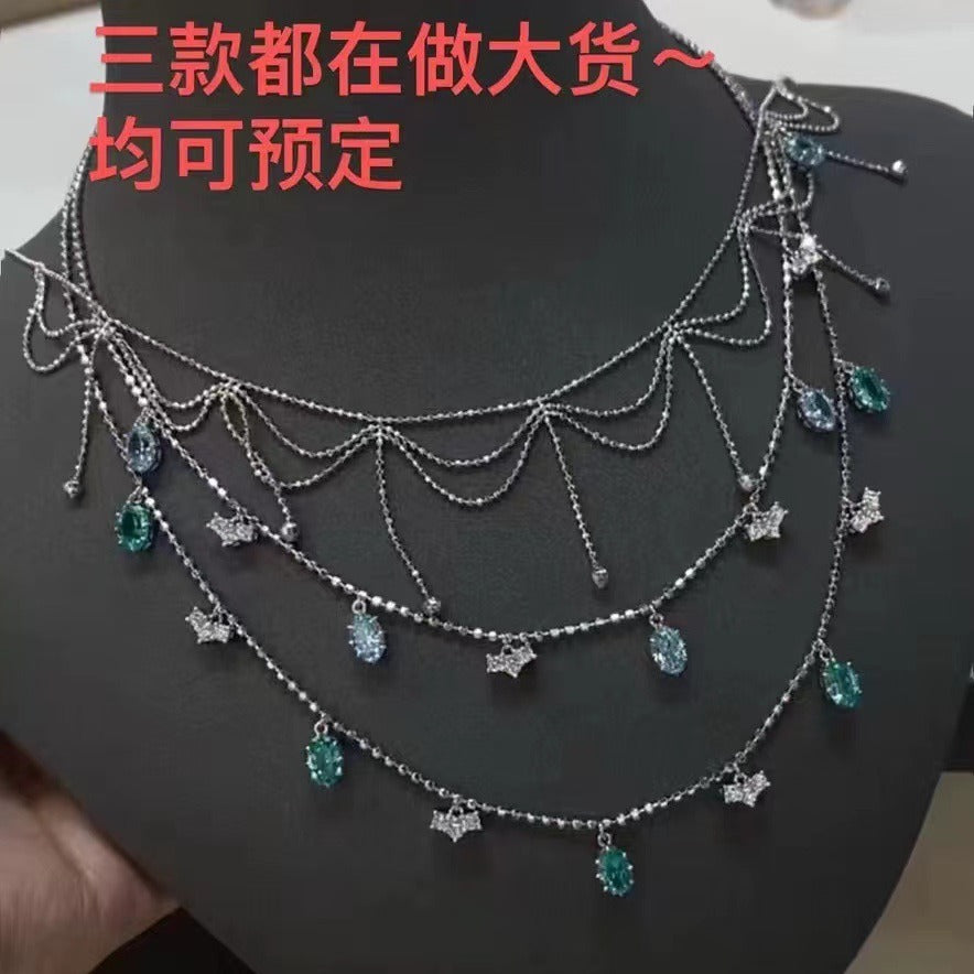 Pure Silver S925 Light Luxury Paraiba Zircon Geometric Water Drop Necklace Simple Trendy Collarbone Chain Fashionable High-end Feel