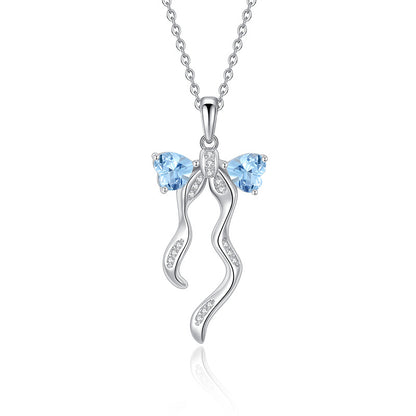 S925 Sterling Silver Ribbon Bow Necklace for Women Korean Style Natural Crystal Stone Niche Topaz Pendant for Women