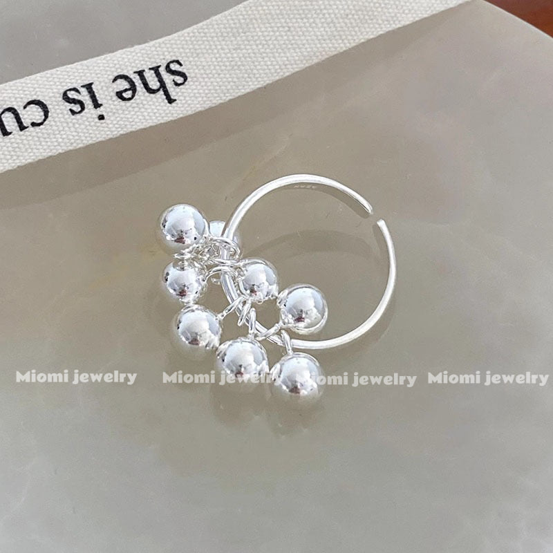 S925 pure silver multi-grape cluster small round bead ring, women's silver bead open finger ring, Korean style, shakeable index finger ring