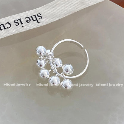 S925 pure silver multi-grape cluster small round bead ring, women's silver bead open finger ring, Korean style, shakeable index finger ring