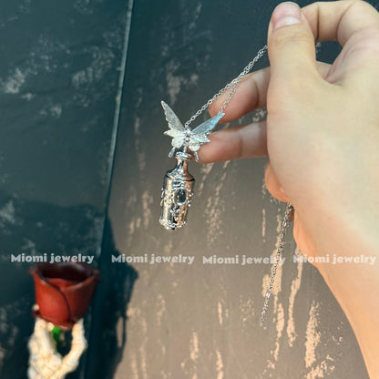 magical Necklace Butterfly Magic Potion Bottle Necklace whimsical silver witchy