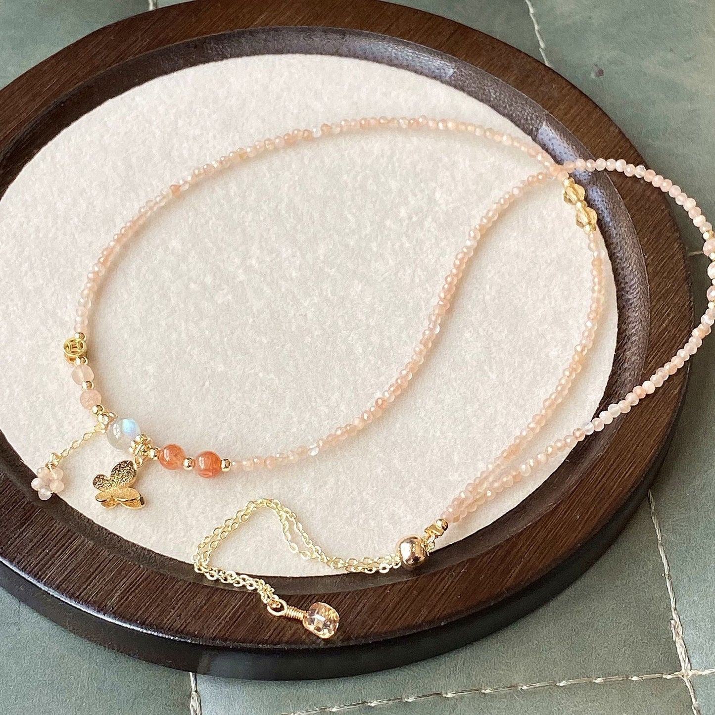 Natural Crystal Orange Sunstone, Gray Moonstone, Golden Strawberry Quartz Faceted Triple-Layer Multi-Strand Bracelet butterfly fairy