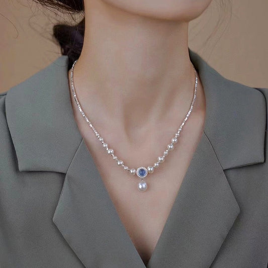 s925 Sterling silver broken silver necklace Aquamarine pendant high-grade accessories natural freshwater pearl clavicle chain