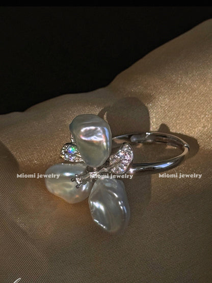 S925 silver ring with natural bule light pearl ring